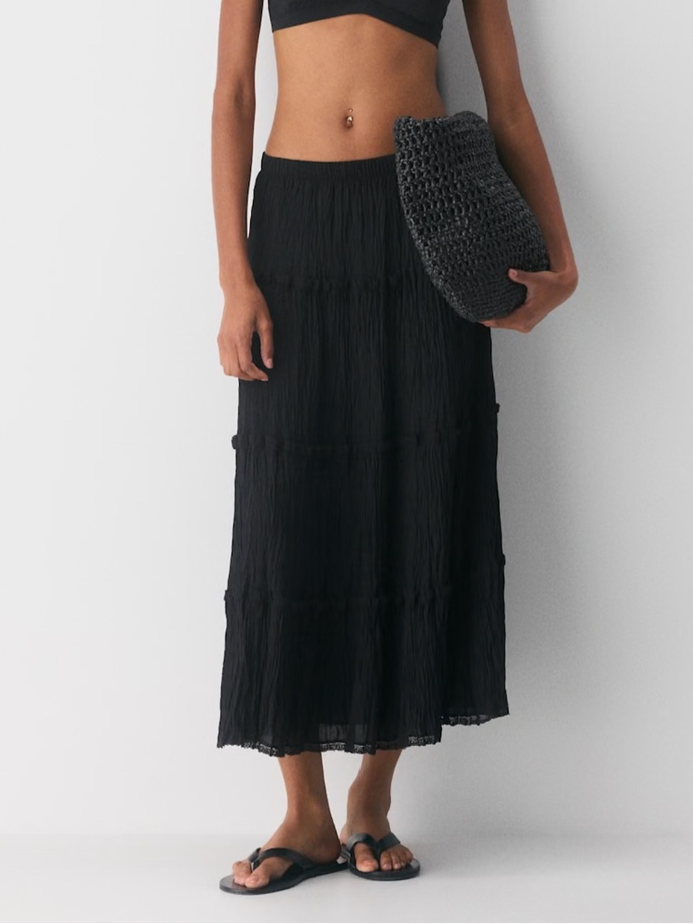 Aritzia Little Moon Damasque Tiered Crinkle Maxi Skirt Bohemian Black Sz S Boho